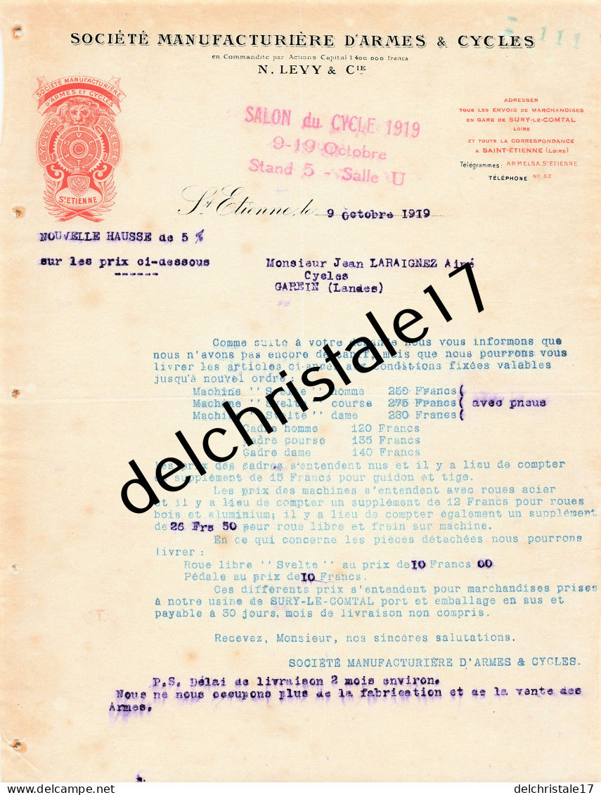 42 0528 SAINT ETIENNE LOIRE 1919 Sté Manufacturière D'Armes & Cycles N. LÉVY & Cie Salon Du Cycle 1919 à LARAIGNEZ - 1900 – 1949