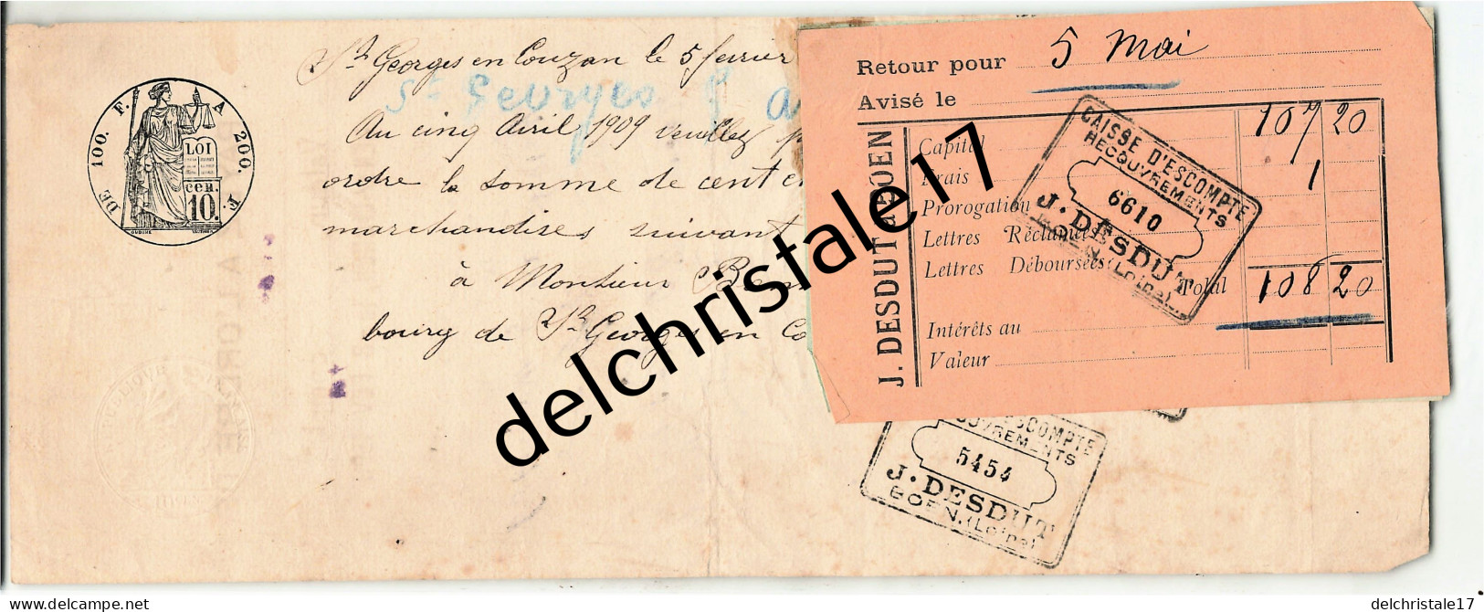 42 0534 ST GEORGES EN COUZAN LOIRE 1909 Entête J. DESDUT (Banque) à BOEN à BONNEFOY - Bills Of Exchange