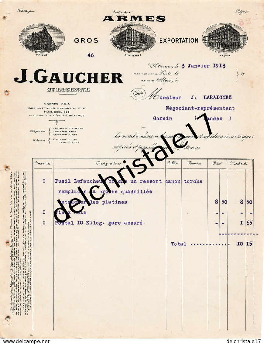 42 0515 SAINT ETIENNE LOIRE 1912 Manufactures D'Armes J. GAUCHER Succ GAUCHER BERGERON Frères à LARAIGNEZ - Old Professions