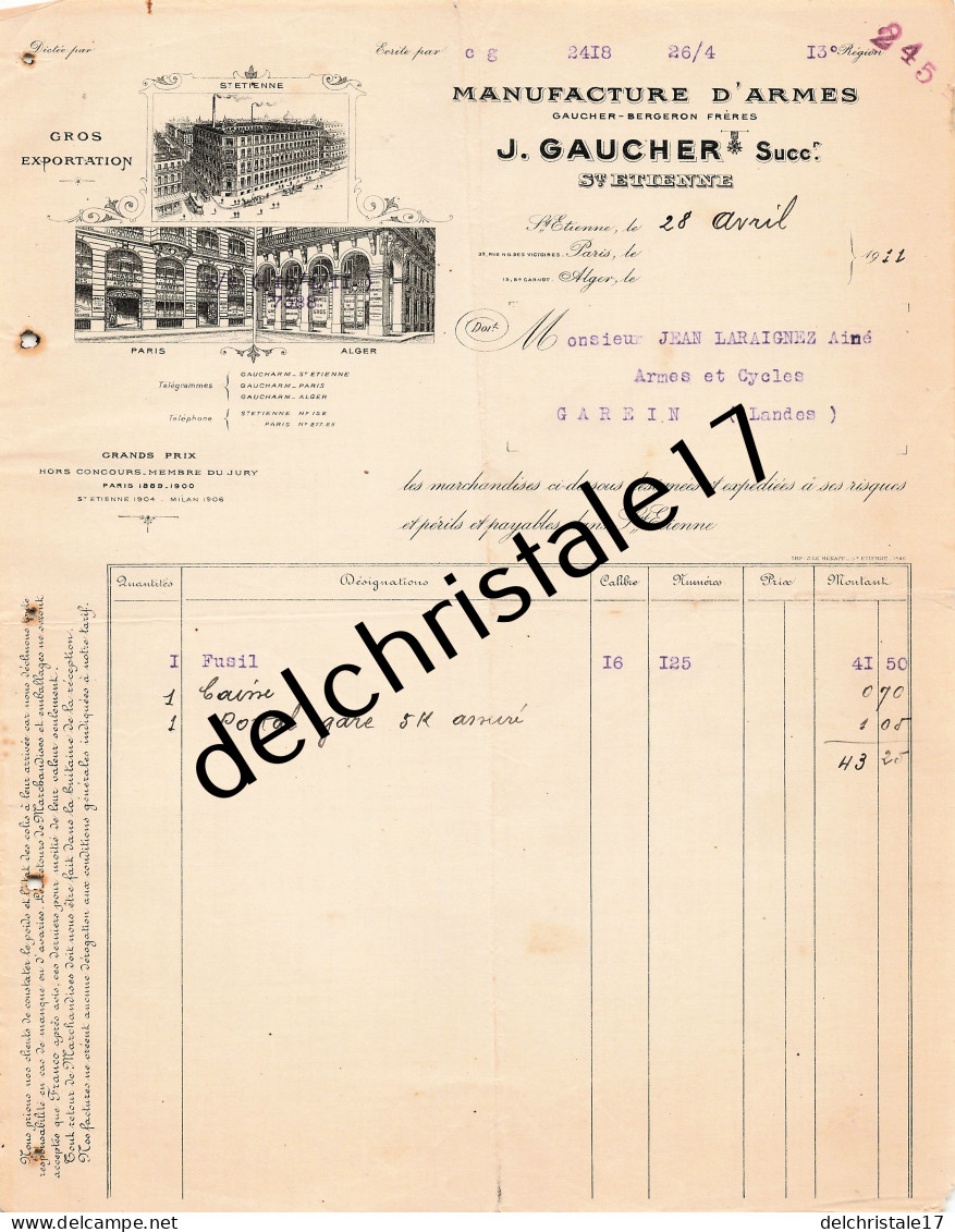 42 0510 SAINT ETIENNE LOIRE 1911 Manufactures D'Armes Gros Exportation J. GAUCHER Succ BERGERON Frères à LARAIGNEZ - 1900 – 1949