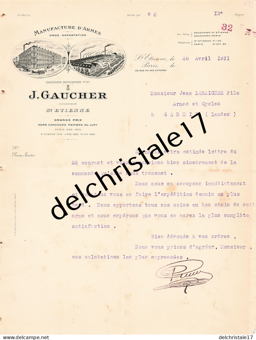 42 0507 SAINT ETIENNE LOIRE 1911 Manufactures D'Armes J. GAUCHER Succ GAUCHER BERGERON Frères à LARAIGNEZ - 1900 – 1949