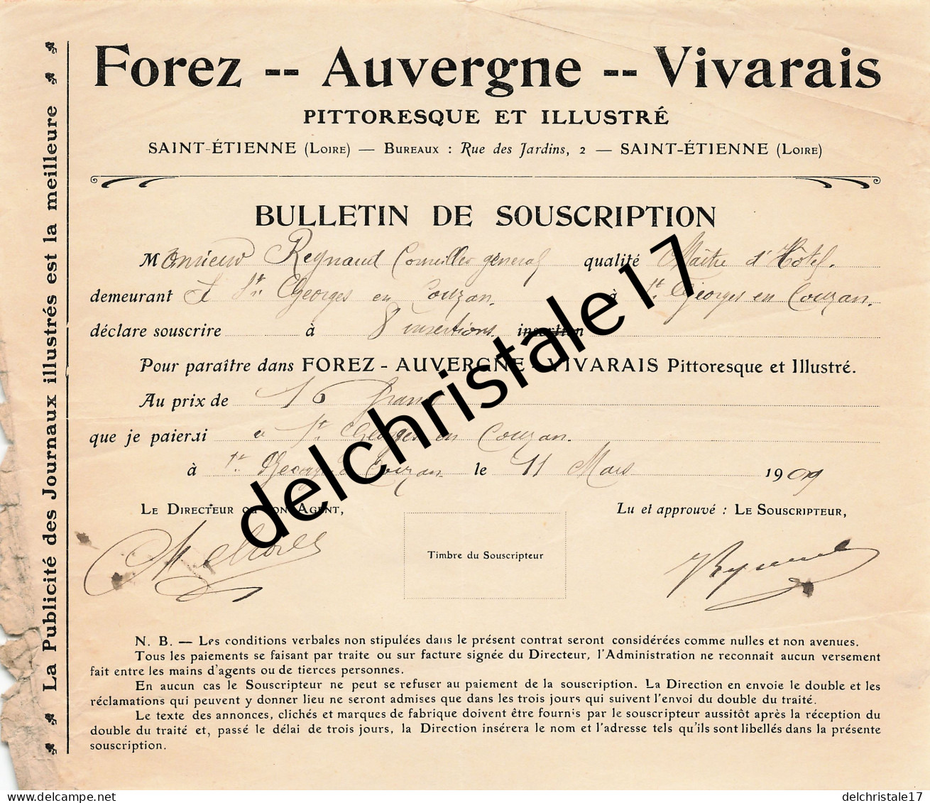 42 0500 SAINT ETIENNE LOIRE 1909 Revue Régionale Tourisme FOREZ AUVERGNE VIVARAIS Rue Des Jardins Souscription REYNAUD - Printing & Stationeries