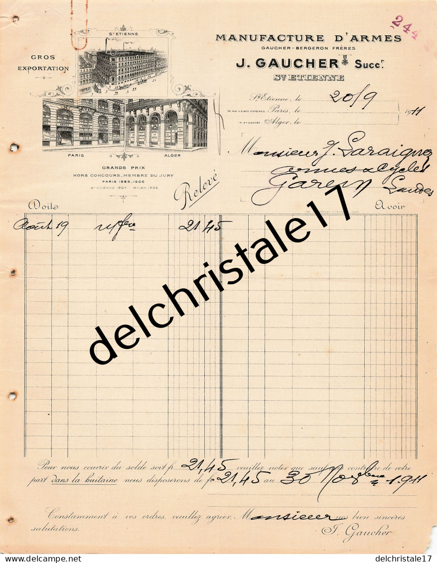 42 0509 SAINT ETIENNE LOIRE 1911 Manufactures D'Armes Gros Exportation J. GAUCHER Succ BERGERON Frères à LARAIGNEZ - Straßenhandel Und Kleingewerbe