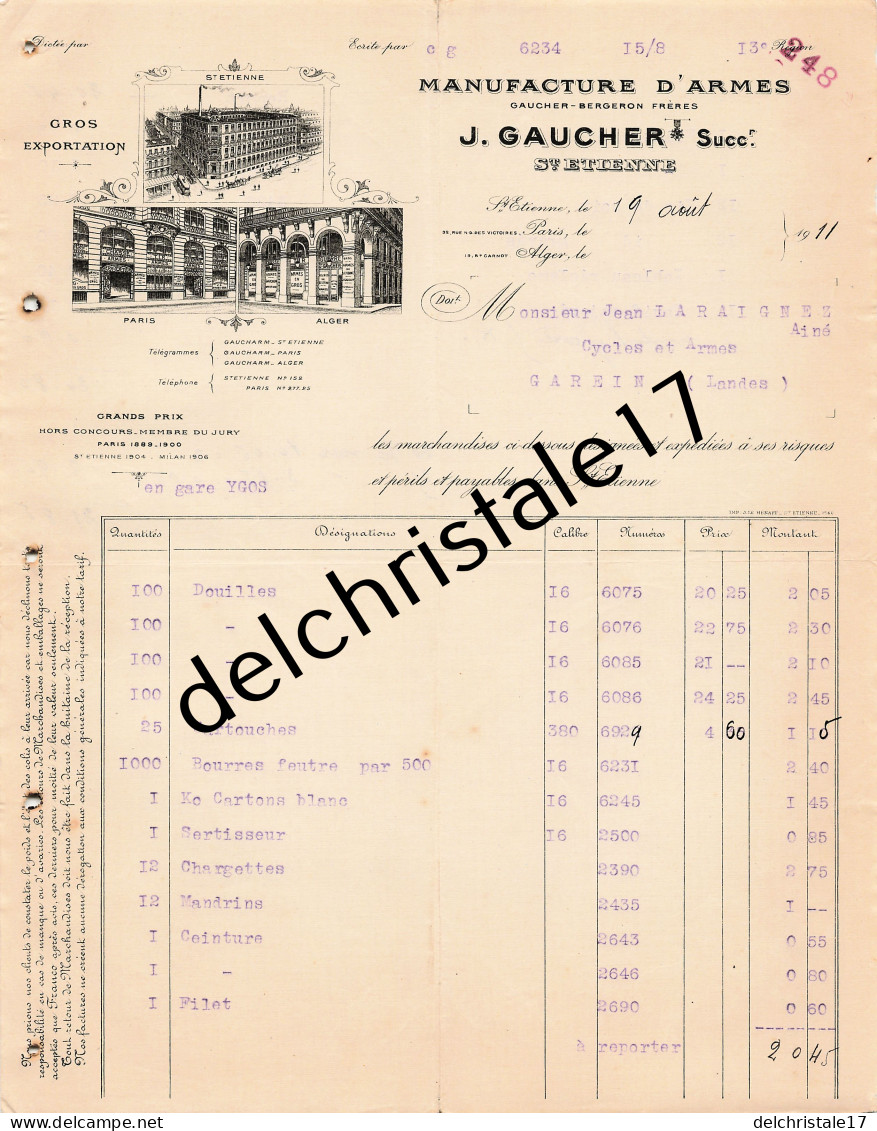 42 0508 SAINT ETIENNE LOIRE 1911 Manufactures D'Armes Gros Exportation J. GAUCHER Succ BERGERON Frères à LARAIGNEZ - 1900 – 1949