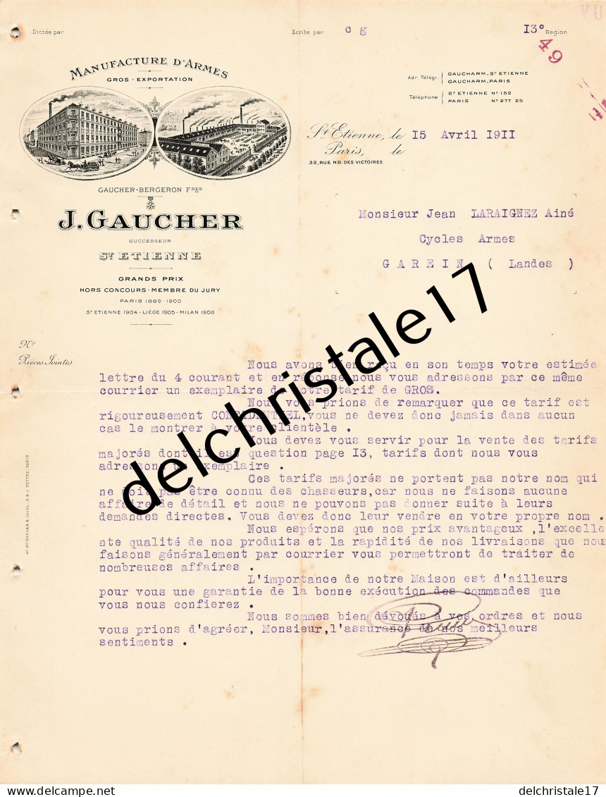 42 0505 SAINT ETIENNE LOIRE 1911 Manufactures D'Armes J. GAUCHER Succ GAUCHER BERGERON Frères à LARAIGNEZ - 1900 – 1949