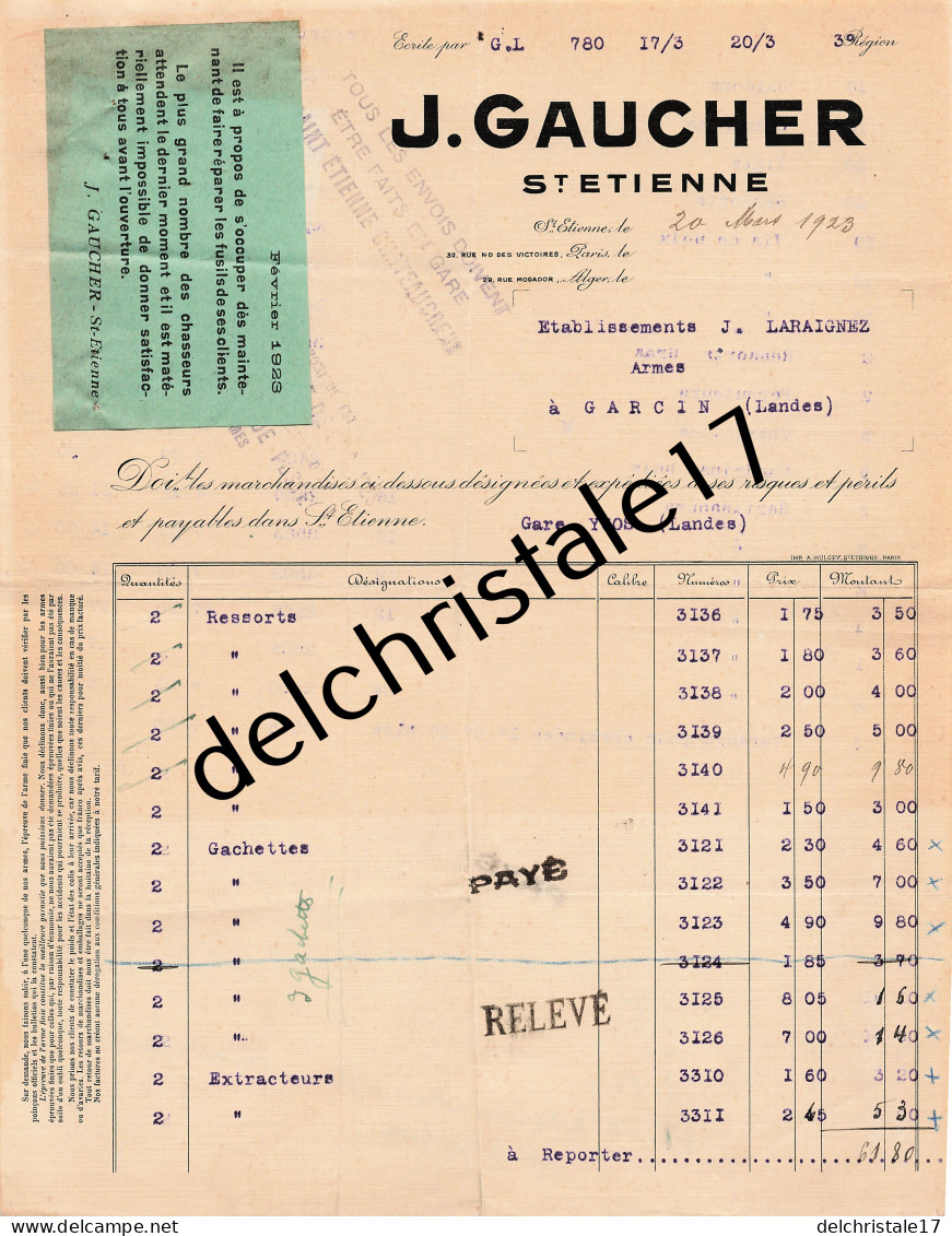 42 0516 SAINT ETIENNE LOIRE 1923 Manufactures D'Armes J. GAUCHER  Rue Des Victoires PARIS Rue Mogador ALGER à LARAIGNEZ - 1900 – 1949