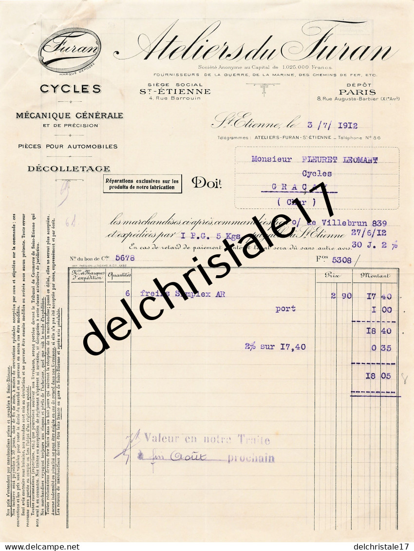 42 0501 SAINT ETIENNE LOIRE 1912 Mécanique Générale Cycles Pièces Auto Ateliers Du FURAN Rue Barrouin à FLEURET LEOMANT - 1900 – 1949