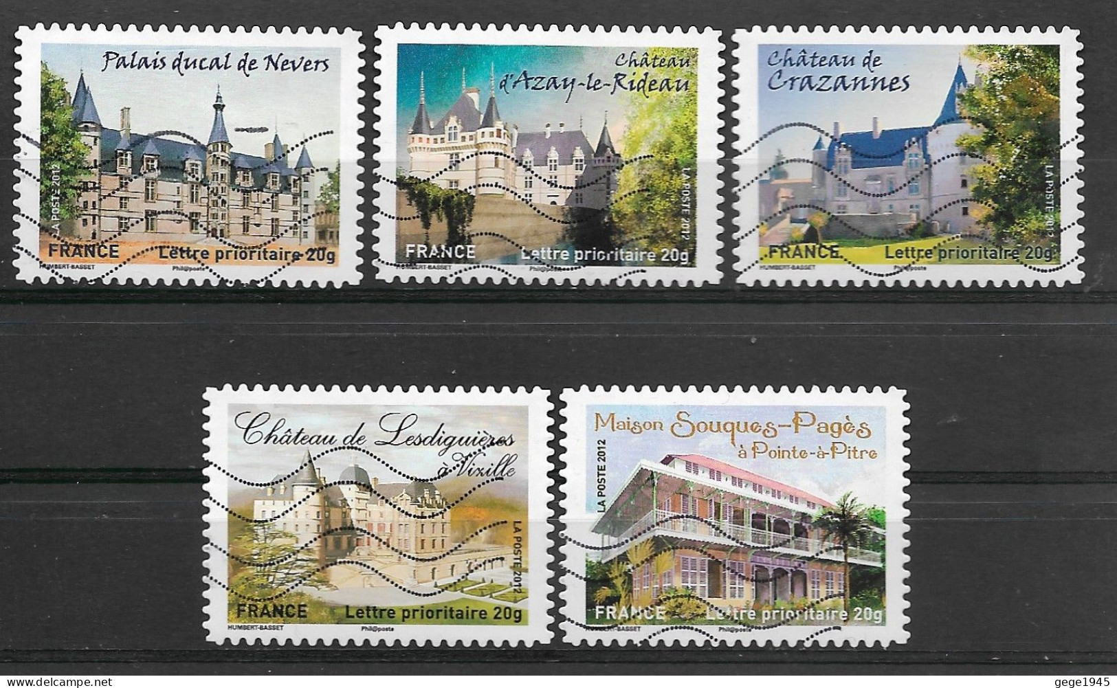 France 2012  Oblitéré Autoadhésif  N°  726 - 727  - 728 - 733 - 736   -  Chateaux Et Demeures Historiques  ( II ) - Used Stamps