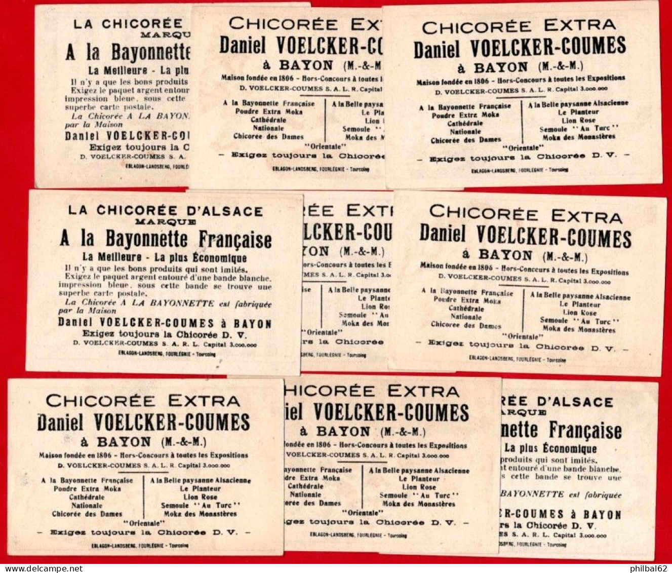 Lot De 9 Chromos La Chicorée D'Alsace, Daniel Voelcker-Coumes à Bayon. Vieilles Chansons Françaises... - Tea & Coffee Manufacturers