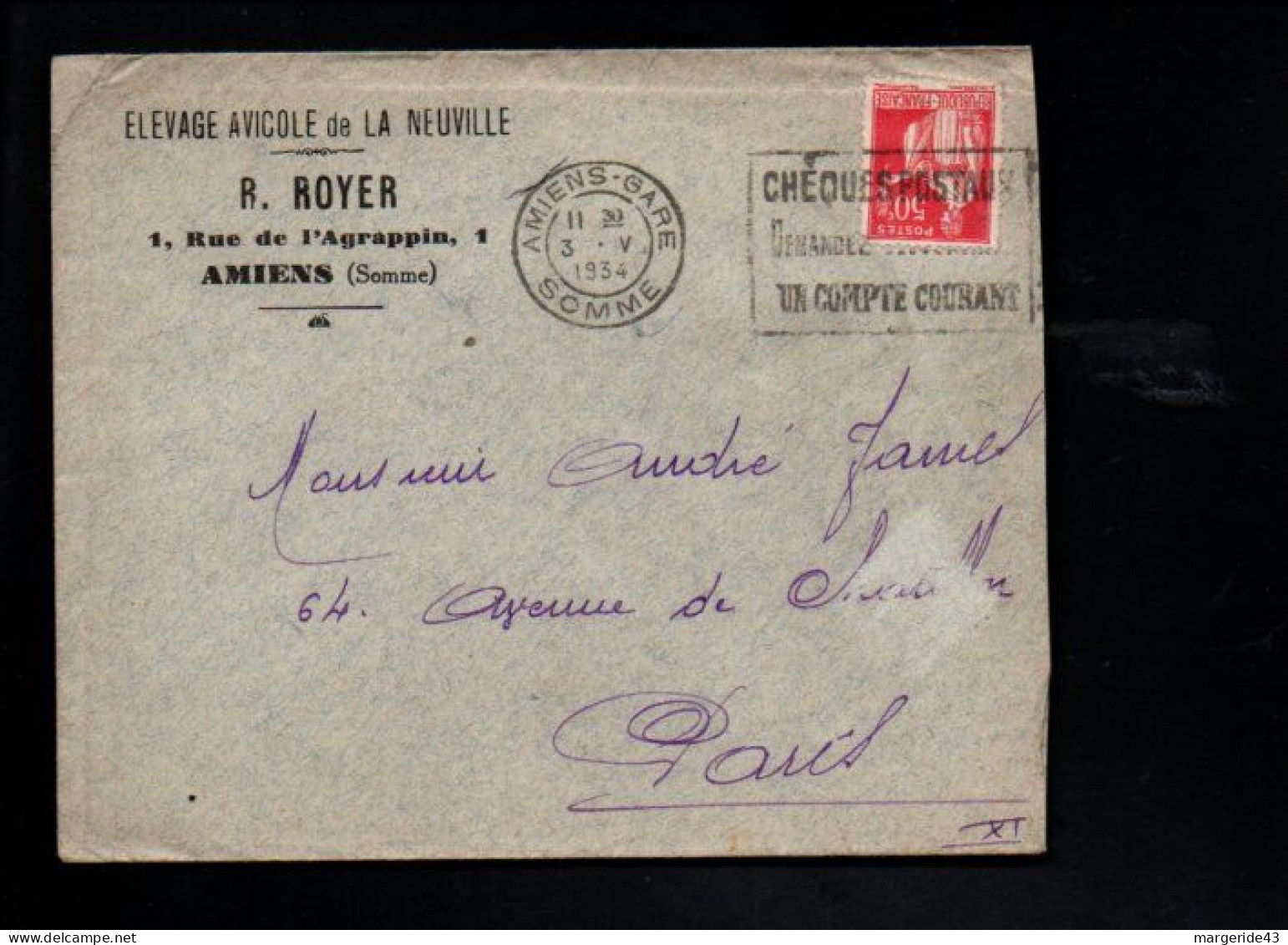 OBLITERATION MECANIQUE CHEQUES POSTAUX AMIENS GARE 1934 - Mechanical Postmarks (Other)
