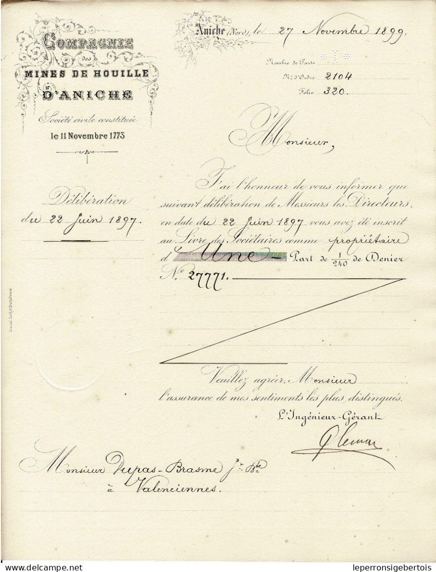Titre De 1899 - Compagnie Des Mines De Houille D'Aniche - - Bergbau