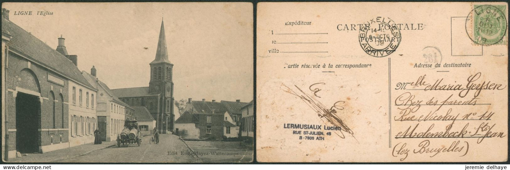 Carte Postale - Ligne : L'église (Edit. Eug. Mayez-wattecamps) + Charette Avec Baril (brasserie ?) - Ath