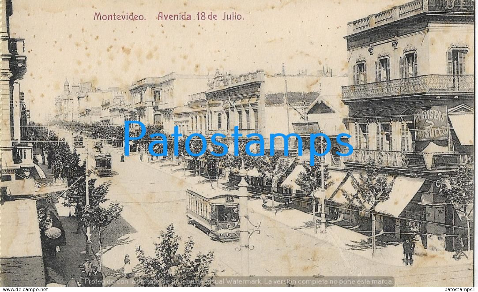 227703 URUGUAY MONTEVIDEO AVENIDA 18 DE JULIO & TRANVIA TRAMWAY SPOTTED POSTAL POSTCARD - Uruguay