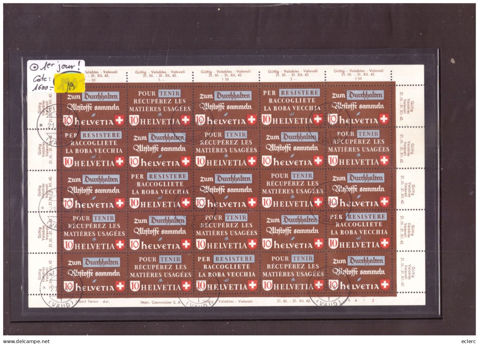 FEUILLE COMPLETE OBLITEREE PREMIER JOUR D'EMISSION - NON PLIEE - PARFAIT ETAT - COTE 1600.- - Blocks & Sheetlets & Panes