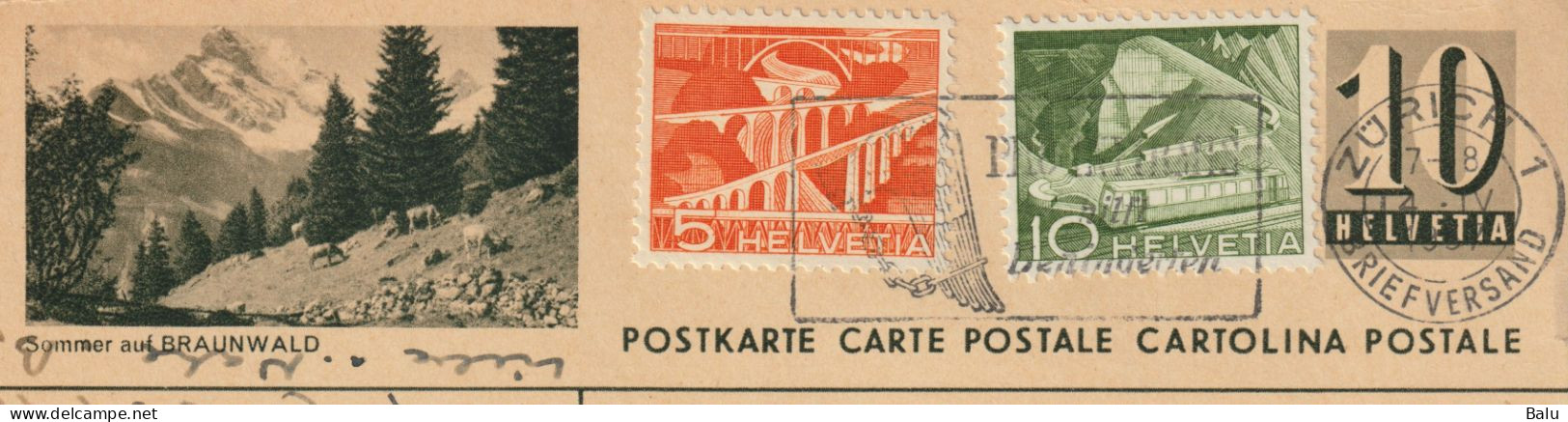 Schweiz Ganzsachen Bildpostkarte Braunwald Ziffer 10 Schwarz Zürich 1957; 2 Zusatzfrankaturen, Nr. 182, 2 Scans - Postwaardestukken