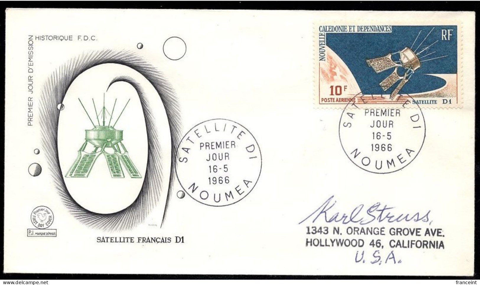 NEW CALEDONIA(1966) Satellite D-1. FDC With Cachet And Thematic Cancel. Scott C46, Yvert PA87. - FDC