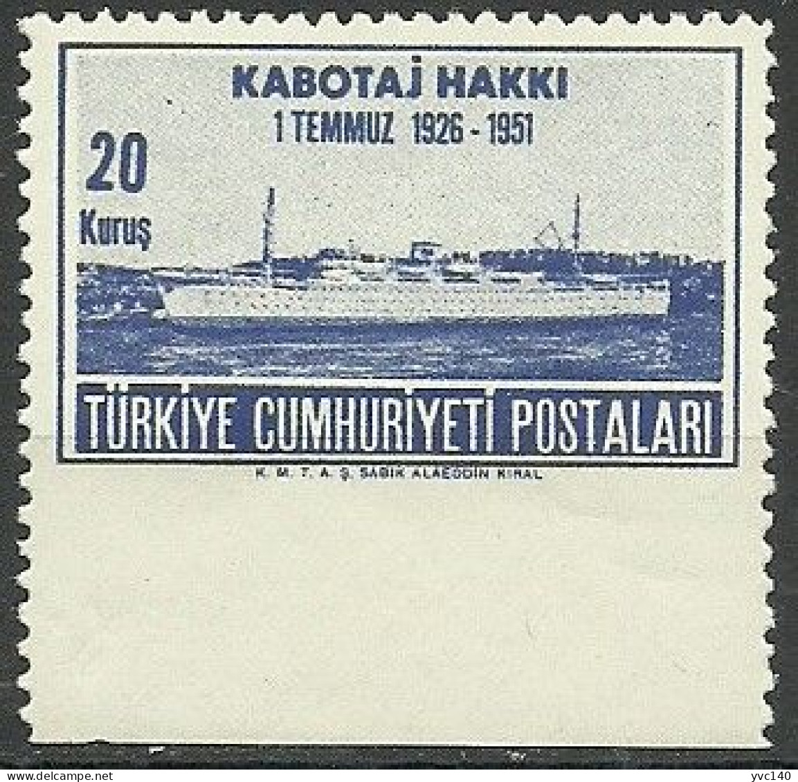 Turkey; 1951 25th Anniv. Of The Cabotage Rights 20 K. ERROR "Imperf. Edge" - Nuevos