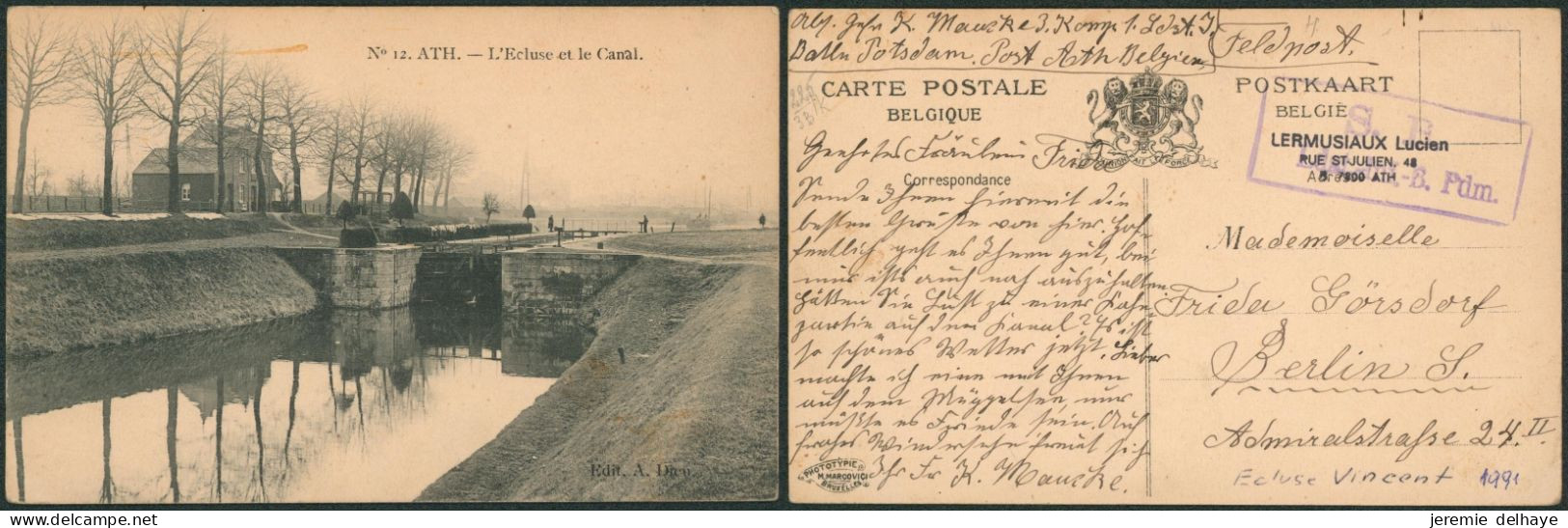 Carte Postale - Ath : L'écluse Et Le Canal (Edit. A. Dieu, N°12) / Feldpostkarte. - Ath