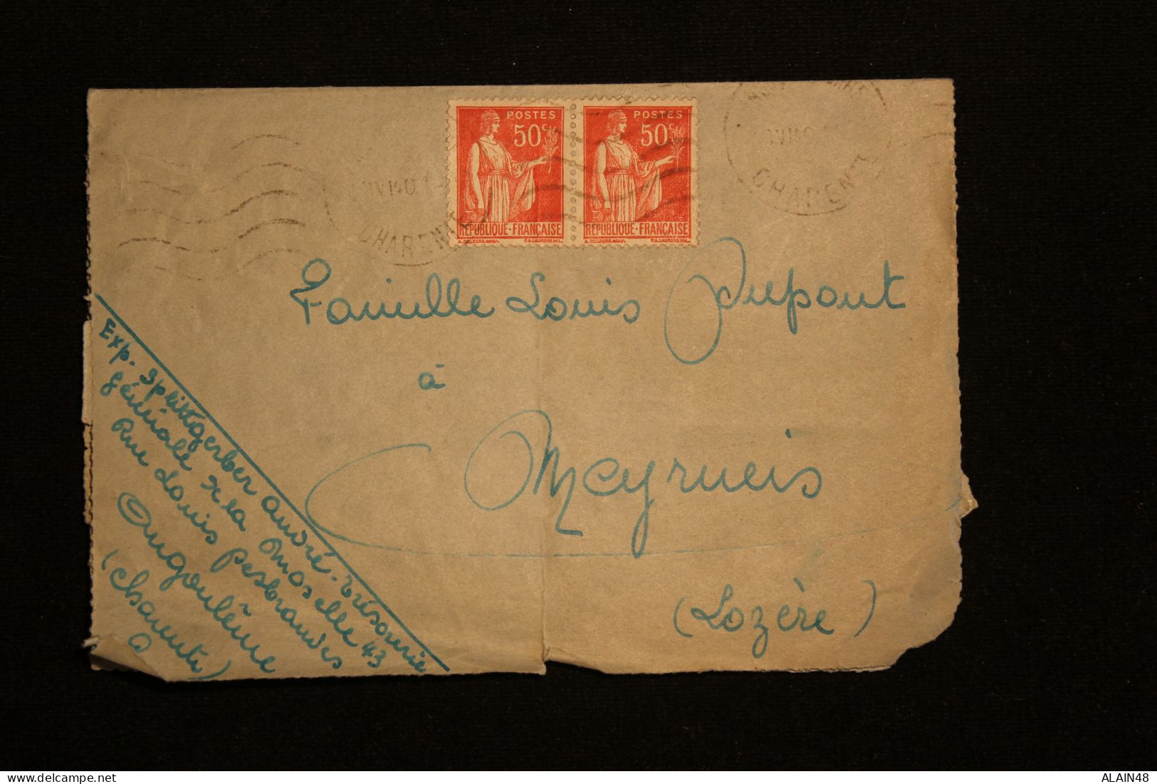 FRANCE LETTRE DU 18.06.1940 D'ANGOULEME POUR MEYRUEIS (LOZERE) AVEC PAIRE DU N°283 CACHET DAGUIN DE MEYRUIES AU VERSO - Briefe U. Dokumente