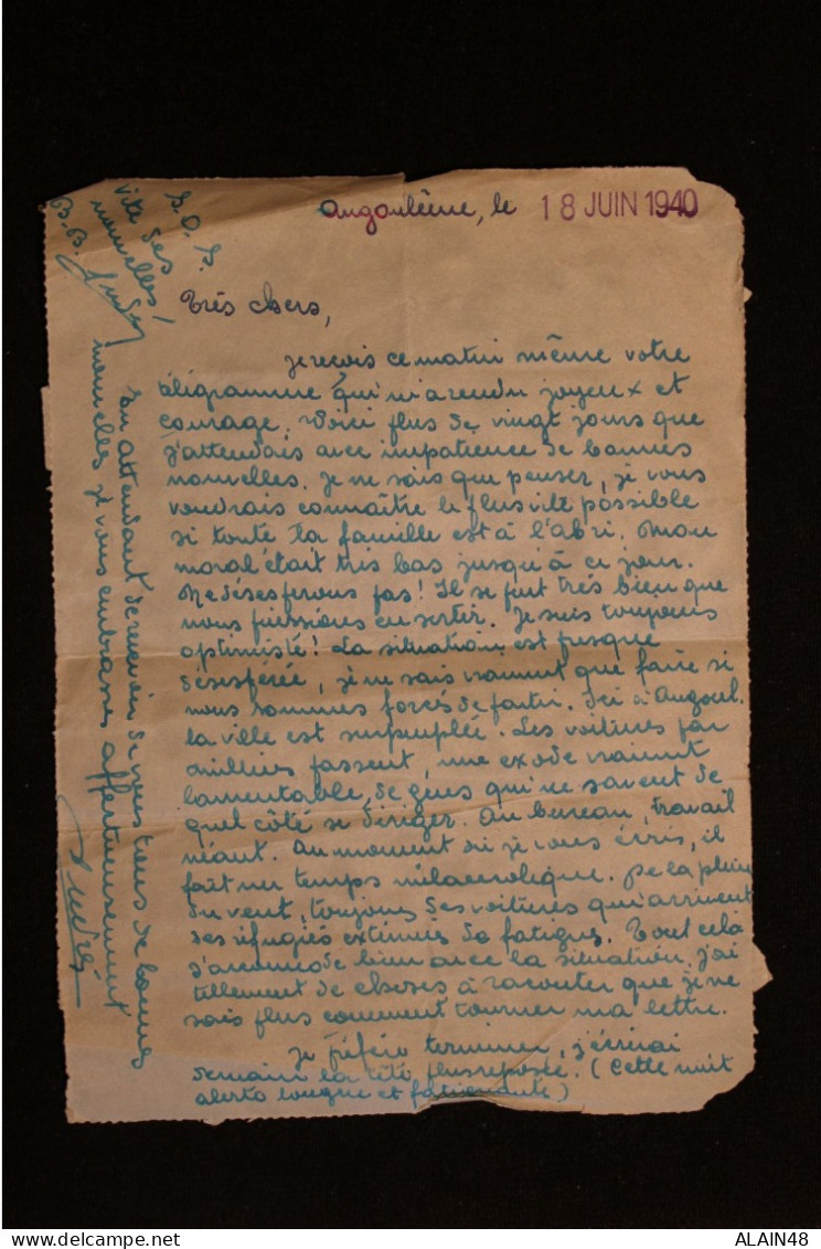 FRANCE LETTRE DU 18.06.1940 D'ANGOULEME POUR MEYRUEIS (LOZERE) AVEC PAIRE DU N°283 CACHET DAGUIN DE MEYRUIES AU VERSO - Lettres & Documents