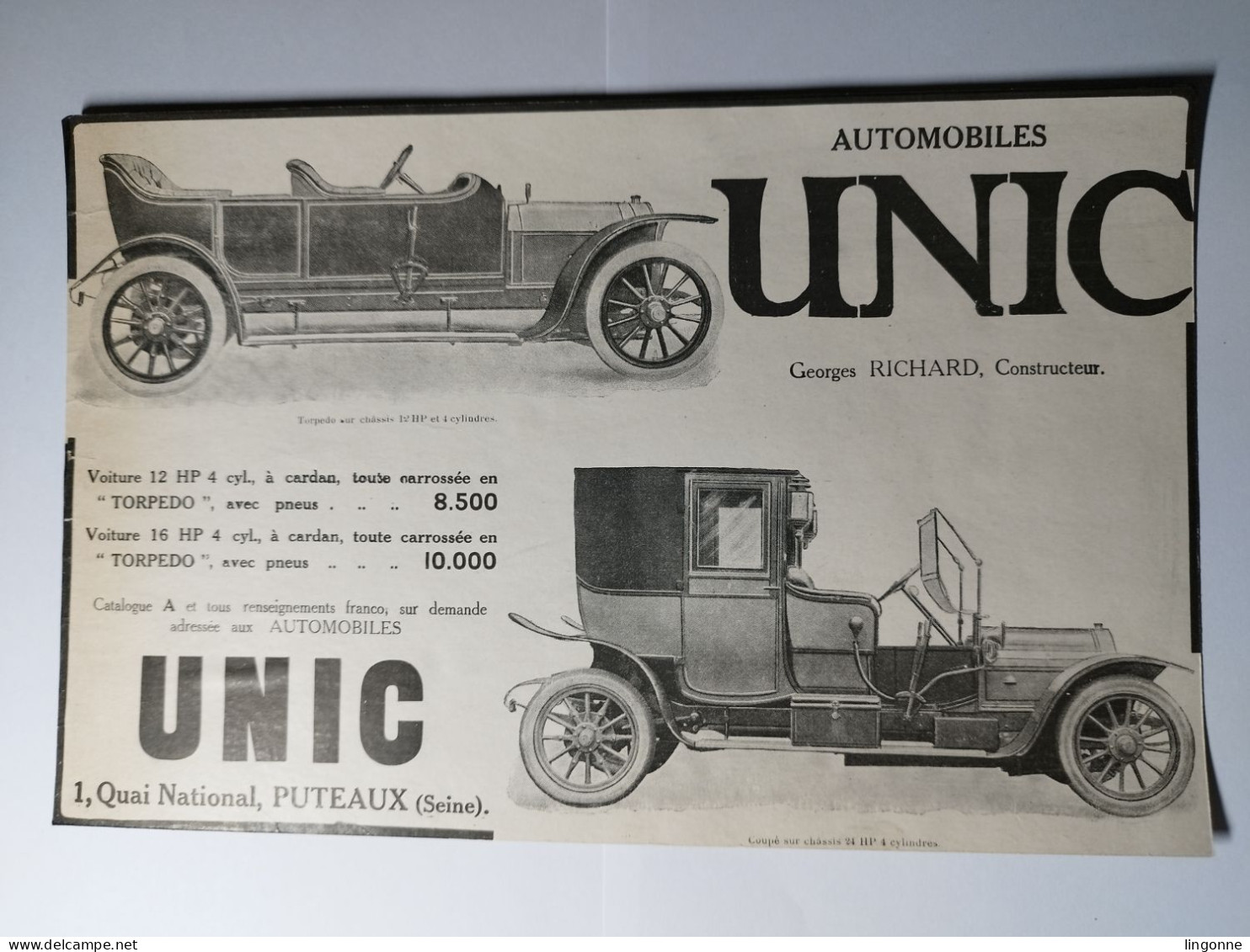 Cartonnage Publicitaire AUTOMOBILES UNIC Georges RICHARD, Constructeur PUTEAUX (Seine) 17,5 X 27 Cm Env - Advertising