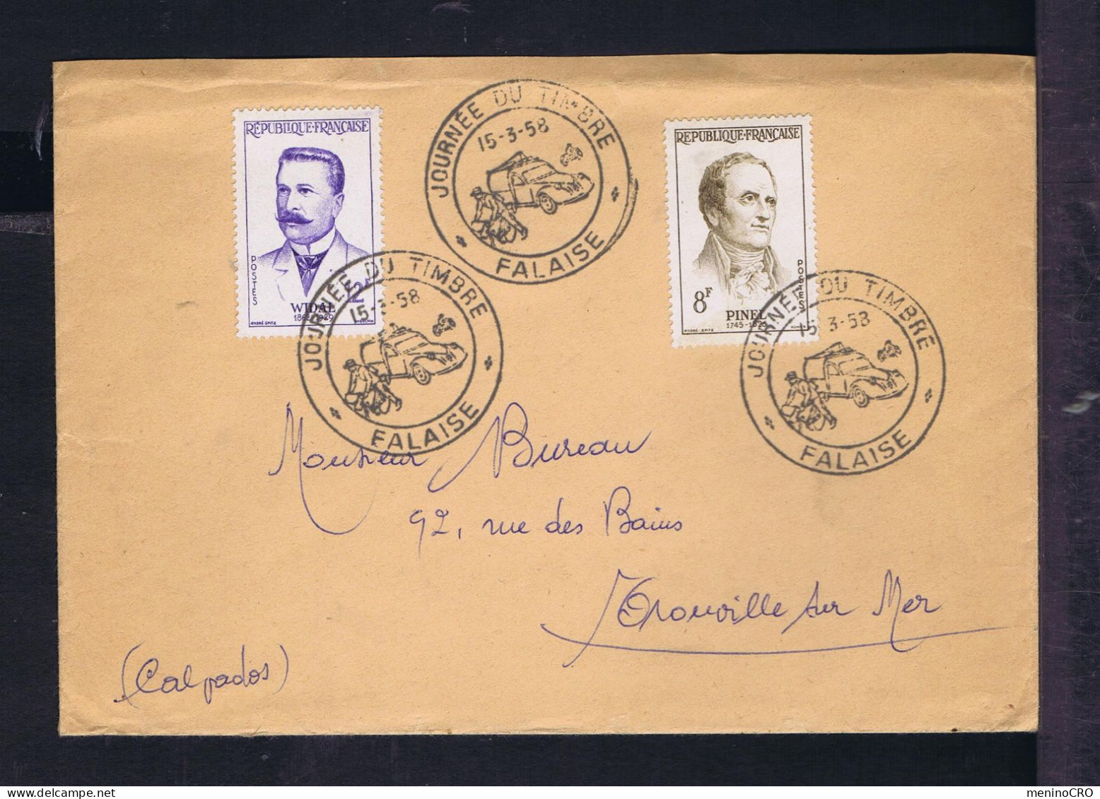 Gc8497 FRANCE "Stamp'day 1958 -FALAISE" Bikes Bycicletes Motos Car Citroen Courrier Mailed 1958 Grouville Sur Mer - Día Del Sello