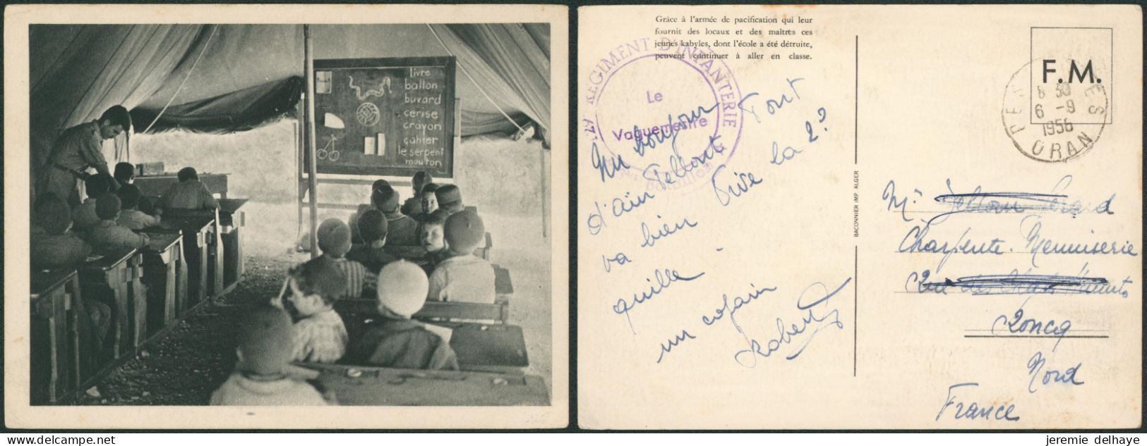 Carte Postale Illustrée F.M. (Jeune Kabyle, Enfant, Children) Expédié De Oran (Algérie, 1956) + Cachet De Régiment > Ron - Sellos Militares Desde 1900 (fuera De La Guerra)