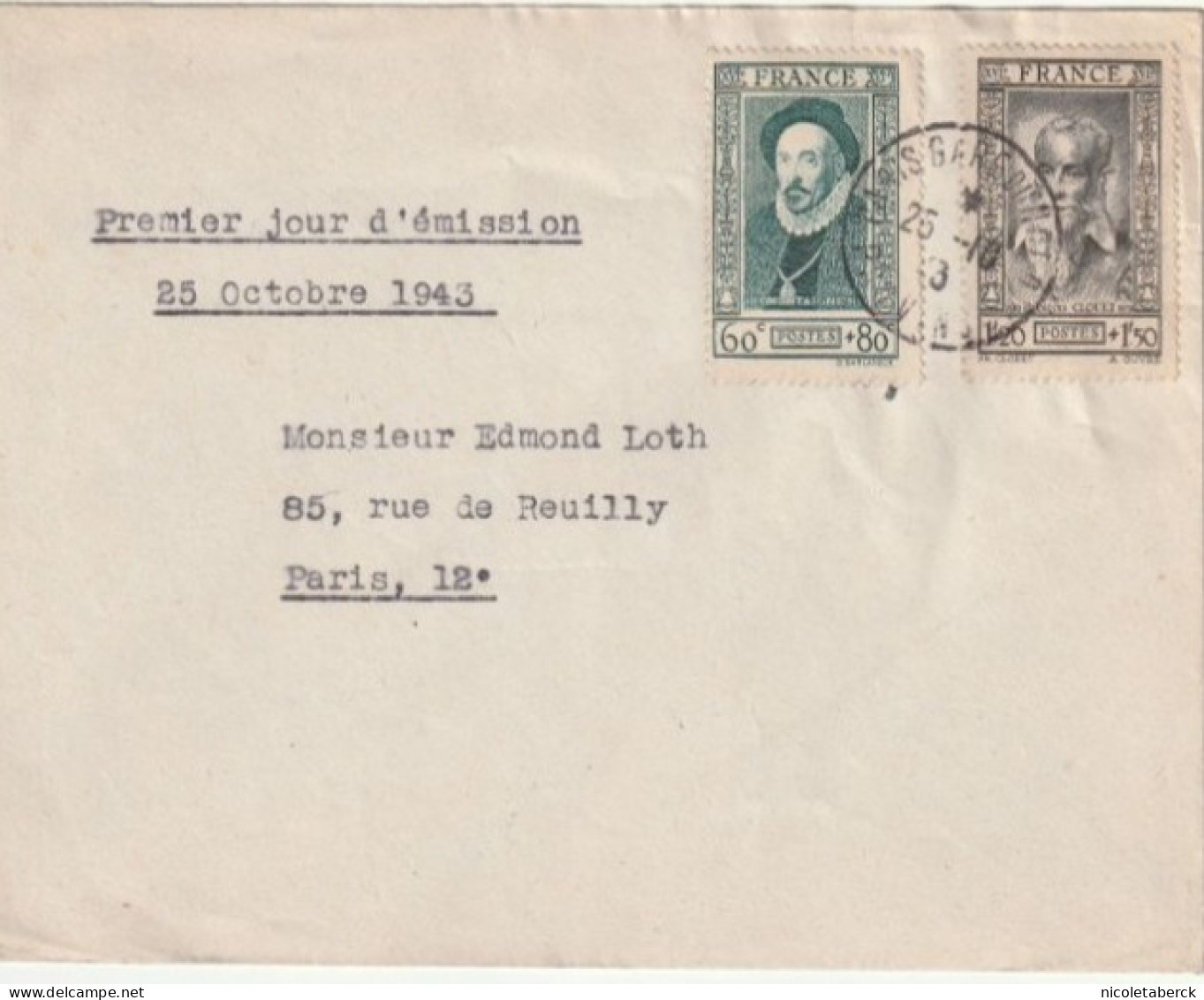 N°587/8, Obl: 1er Jour Ensemble Pour Tarif Postal Ayant Voyagé 25/10/43. Rare. Collection BERCK. - Brieven En Documenten