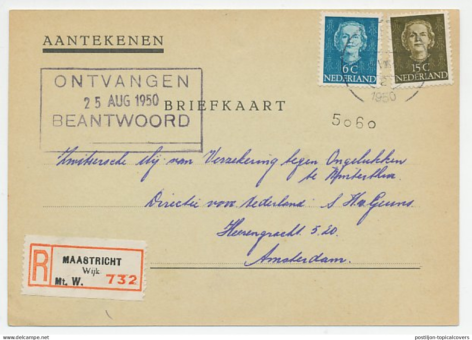Em. En Face Briefkaart Aangetekend Maastricht - Amsterdam 1950 - Sin Clasificación