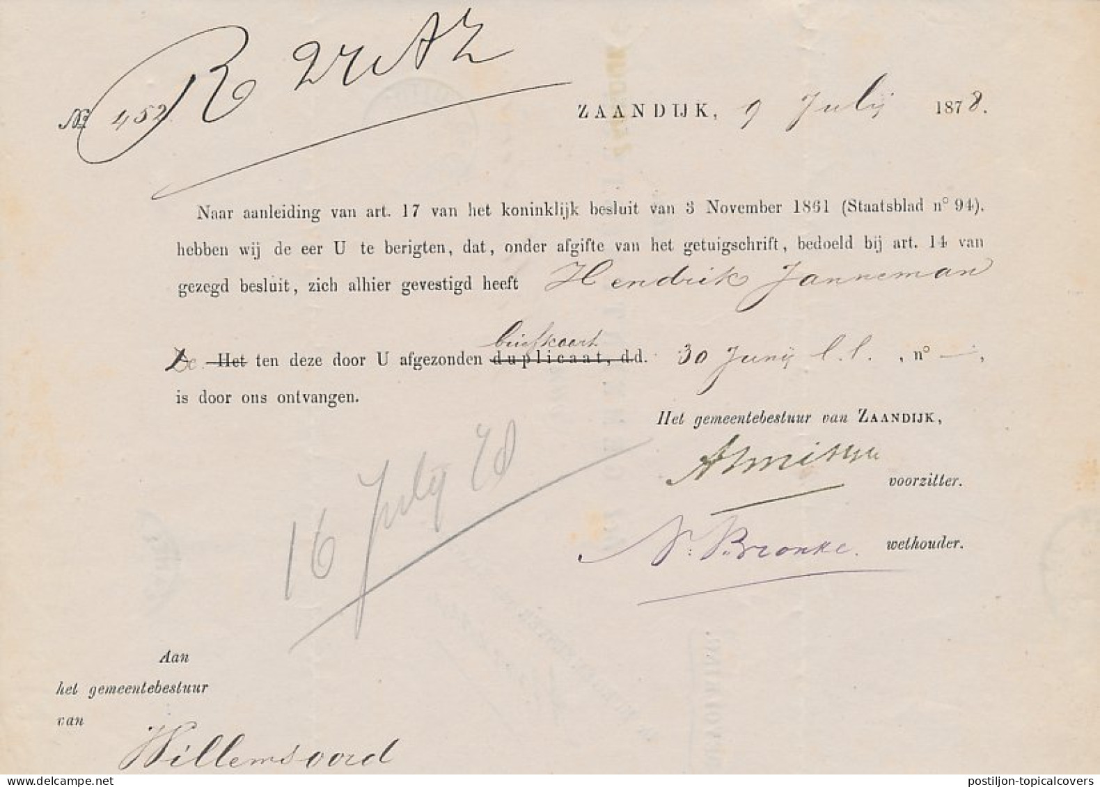 Zaandijk - Trein Kleinrondstempel Amsterdam - Uitgeest III 1878 - Cartas & Documentos