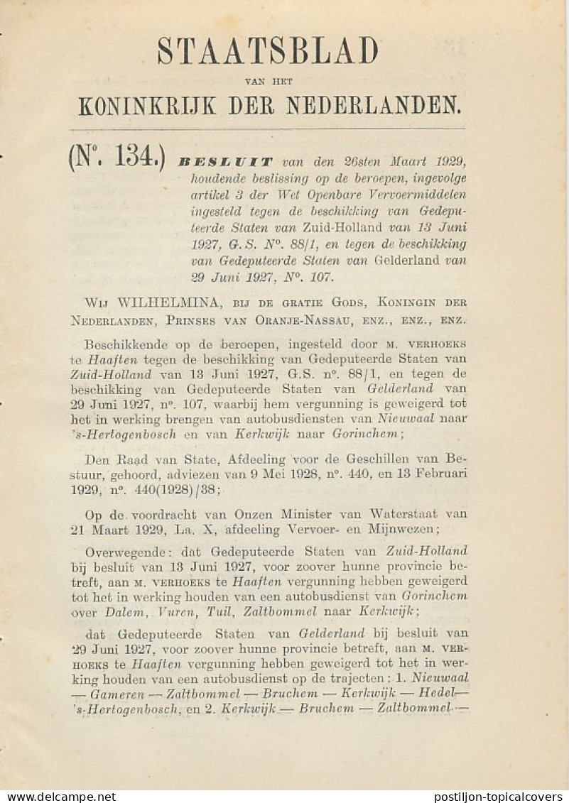 Staatsblad 1929 : Autobusdienst Nieuwaal - S Hertogenbosch Enz - Historical Documents