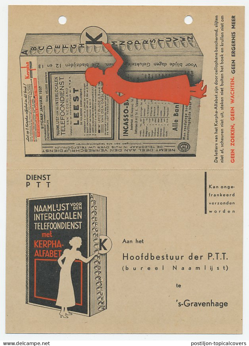 Dienst PTT - Bestelkaart Naamlijst Telefoondienst 1937 - Unclassified