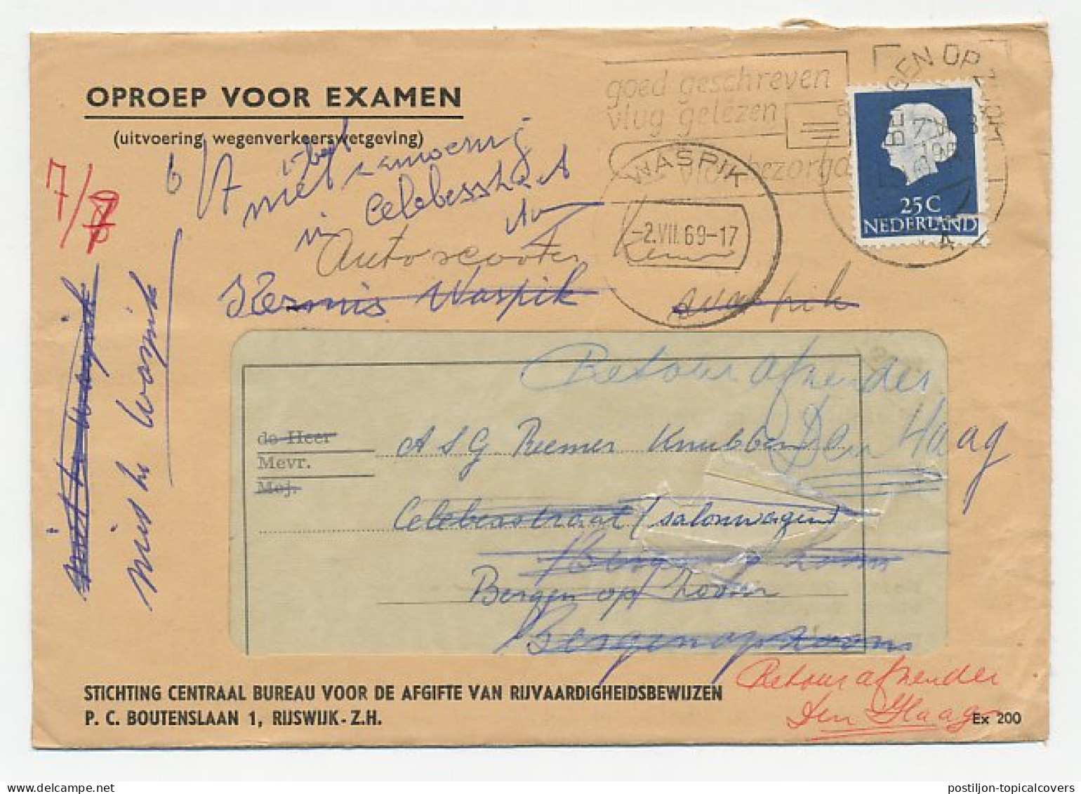 Bergen Op Zoom - Waspik 1969 - Geadresseerde Is Reizende -Retour - Unclassified