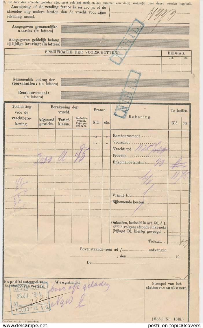 Vrachtbrief H.IJ.S.M. Apeldoorn - Den Haag 1914 - Unclassified