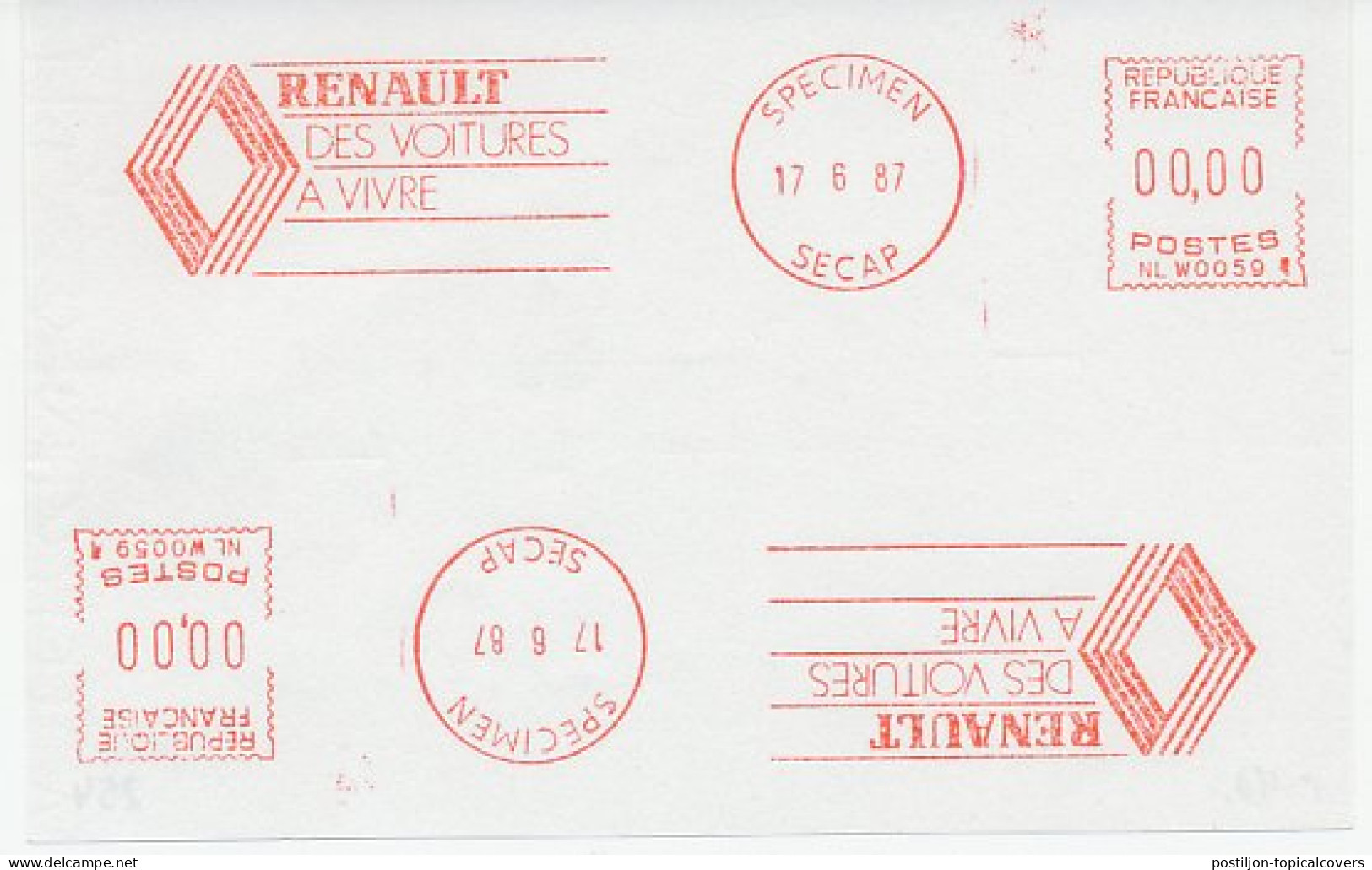 Specimen Meter Sheet France 1987 Car - Renault - Voitures