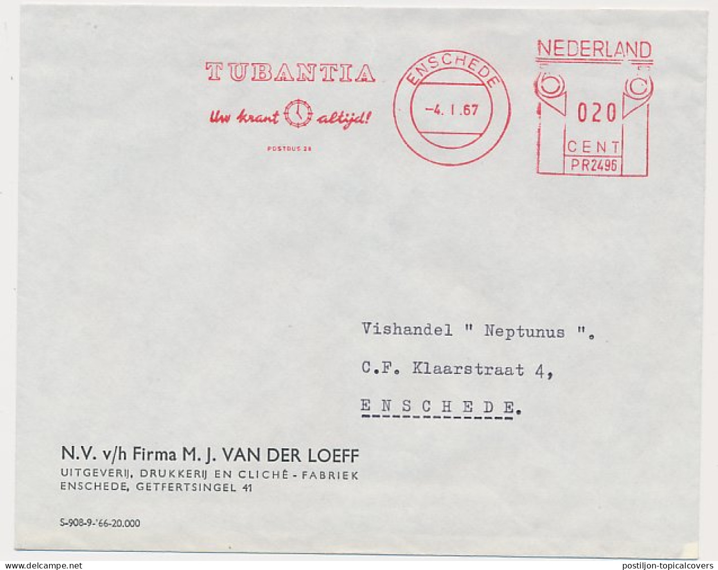 Meter Cover Netherlands 1967 Clock - Tubantia - Newspaper - Enschede - Horlogerie