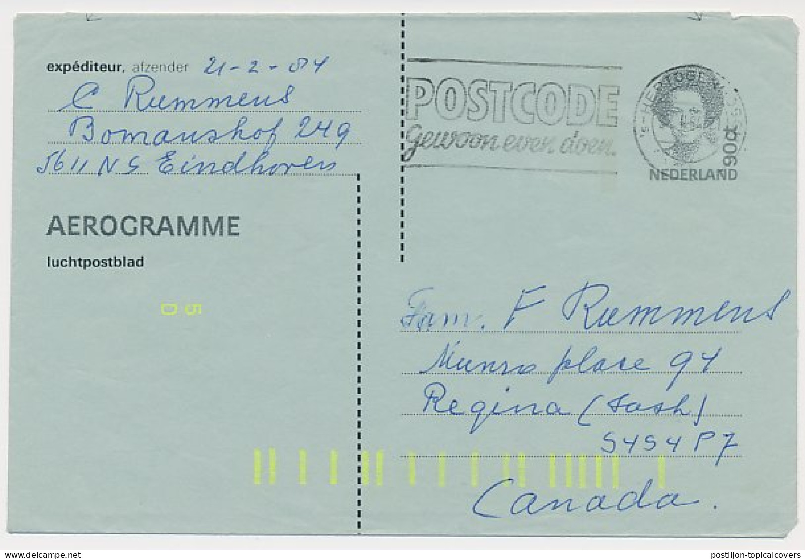 Luchtpostblad G. 27 A S Hertogenbosch - Regina Canada 1984 - Postal Stationery