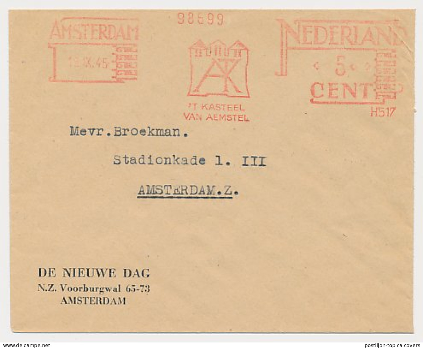 Meter Cover Netherlands 1945 Castle Of Aemstel - Amsterdam - Châteaux