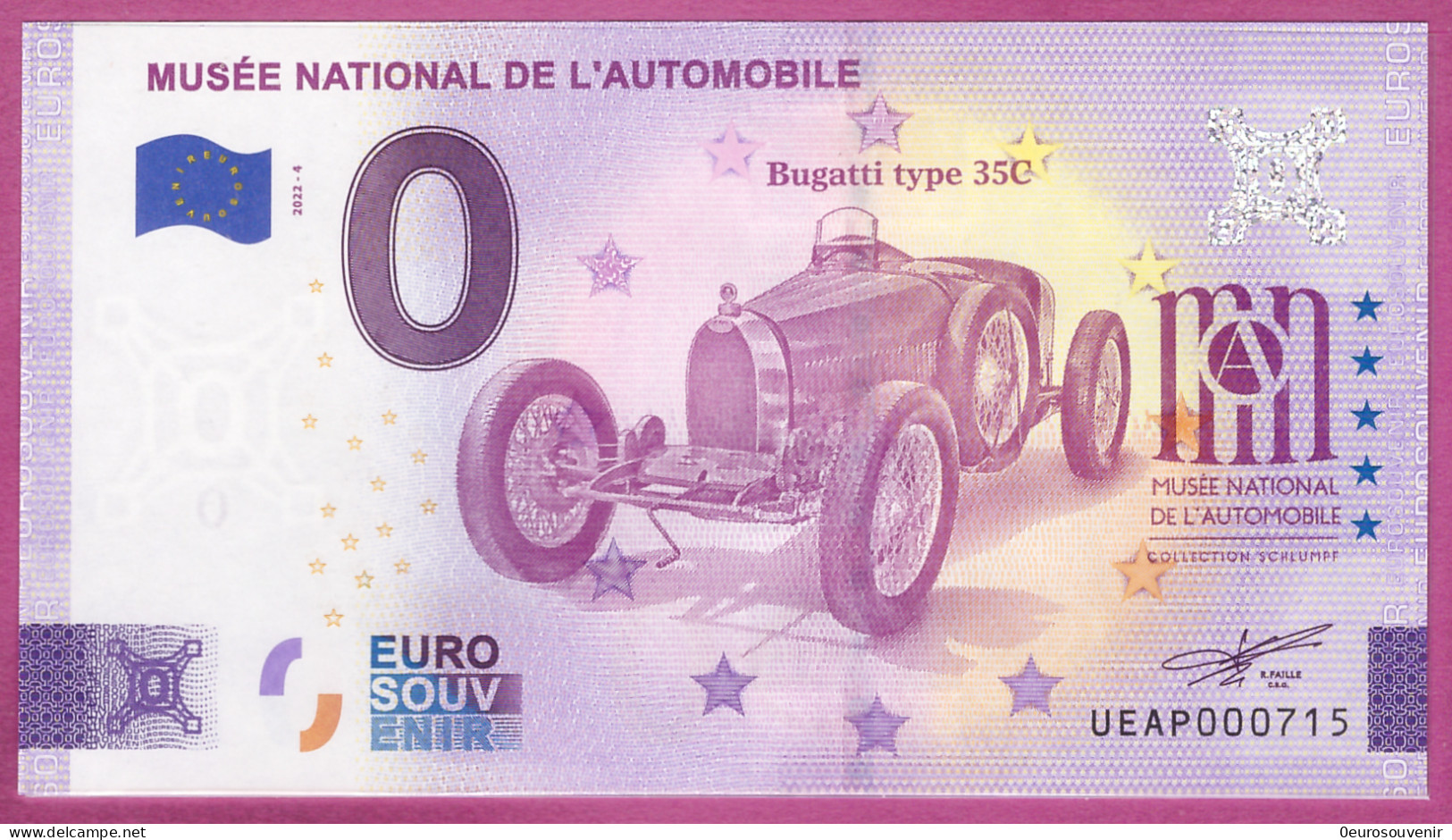 0-Euro UEAP 2022-4 MUSÉE NATIONAL DE L'AUTOMOBILE - BUGATTI TYPE 35C - Essais Privés / Non-officiels