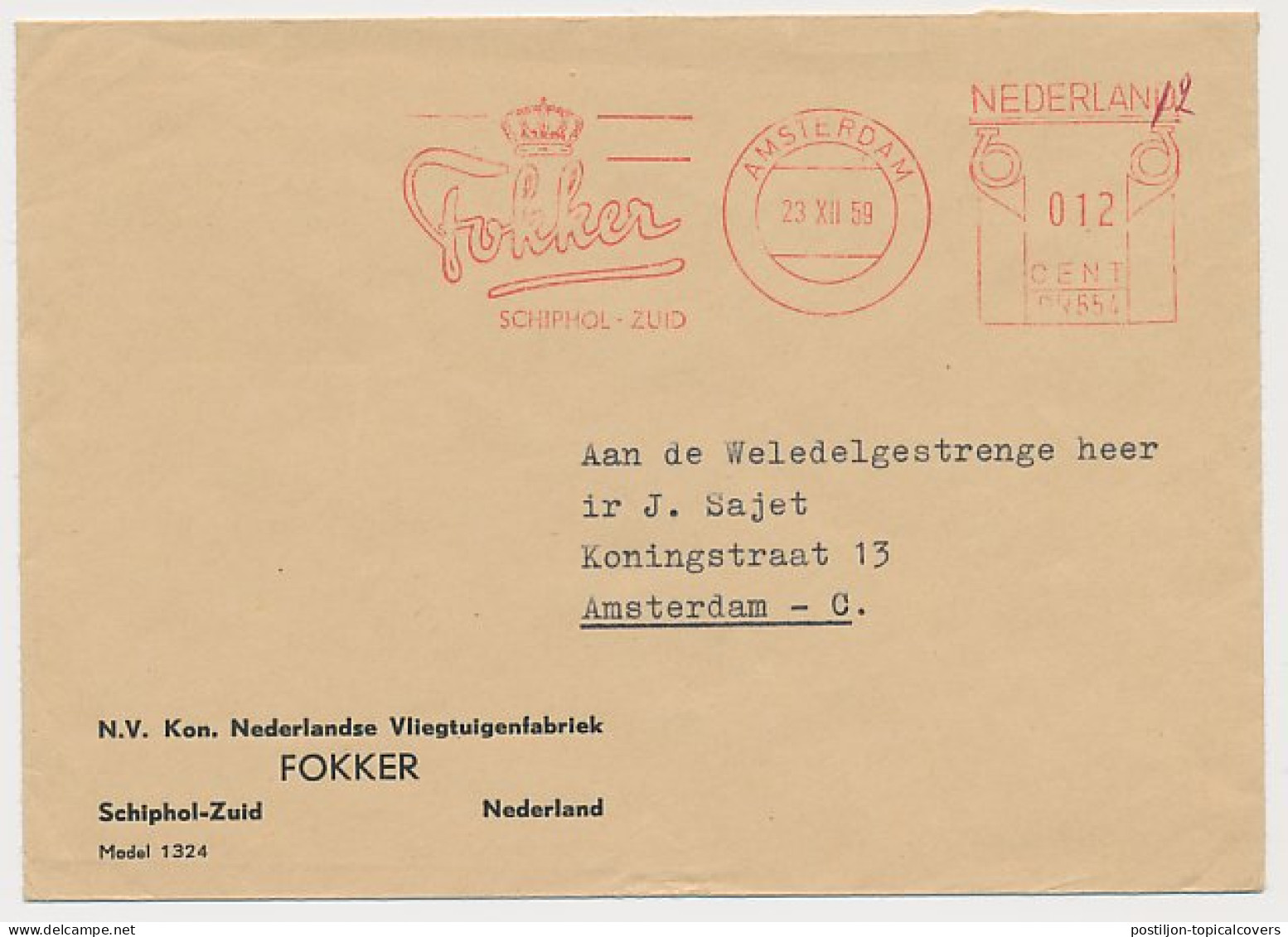 Meter Cover Netherlands 1959 Fokker - Aircraft Factory - Aerei