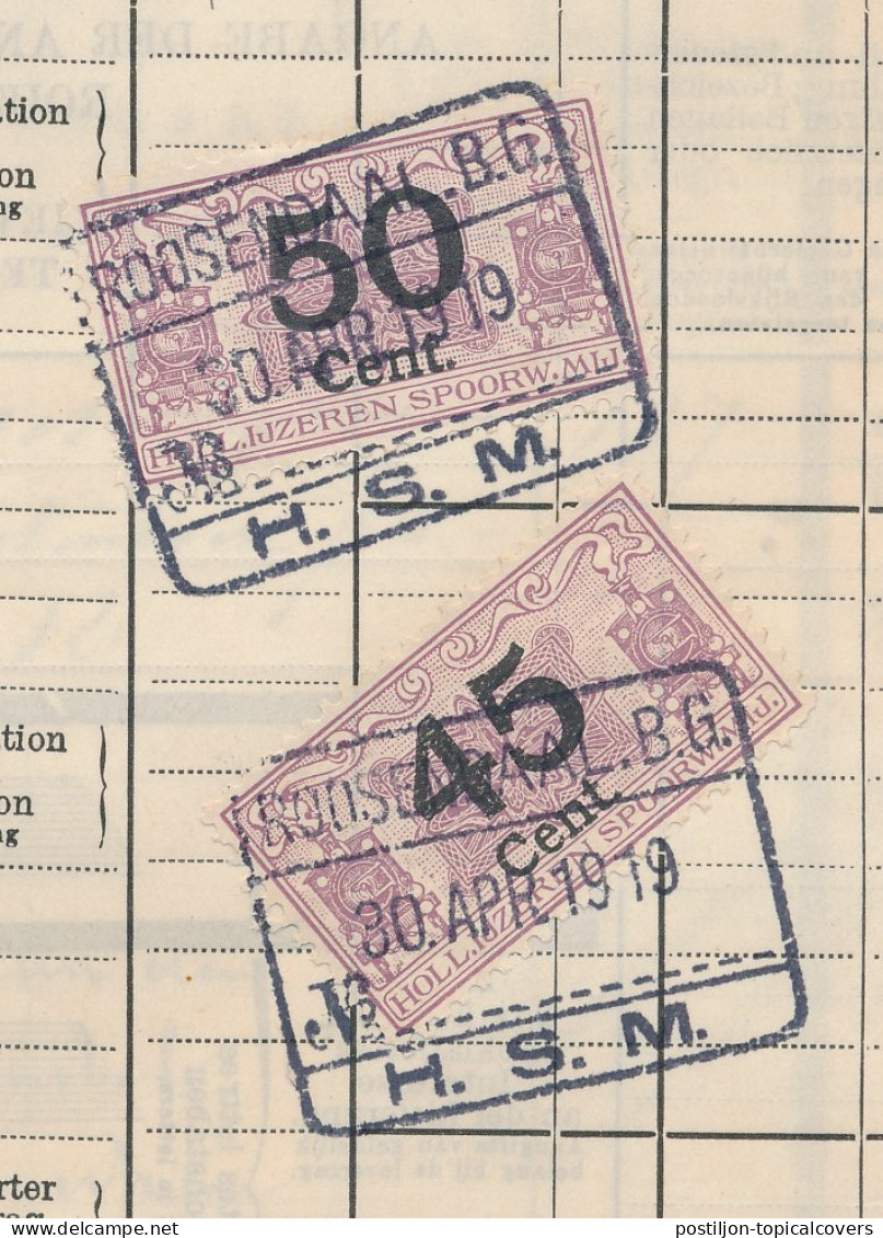 Vrachtbrief / Spoorwegzegel H.IJ.S.M. Roosendaal - Belgie 1919 - Sin Clasificación