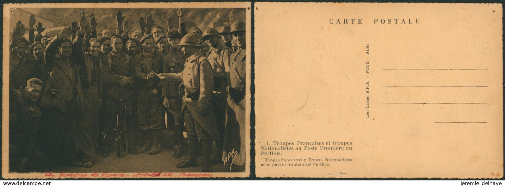Carte Postale - Guerre D'Espagne : Troupes Française Au Poste Frontière Du Perthus (n°1, Trou De Punaise) - Otros & Sin Clasificación