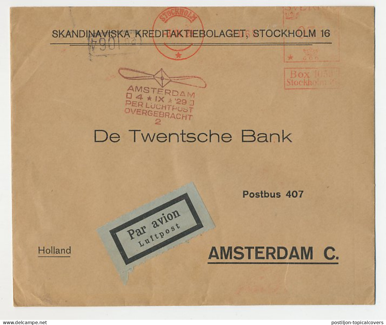 Luchtpost Zweden - Amsterdam 1929 - Propellerstempel - Unclassified