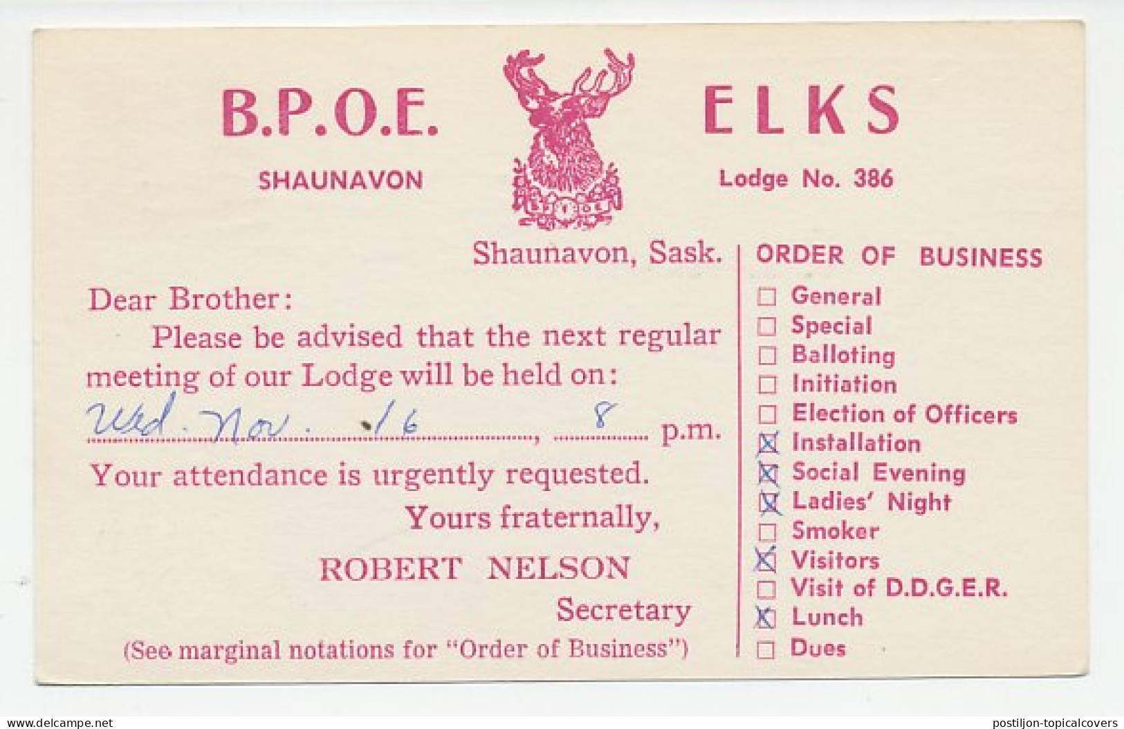 Postal Stationery Canada 1966 BPOE - Benevolent And Protective Order Of Elks - Massoneria