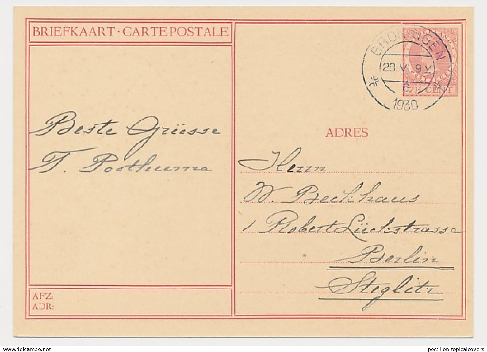 Briefkaart G. 227 C ( Leiden ) Groningen - Duitsland 1930 - Postal Stationery