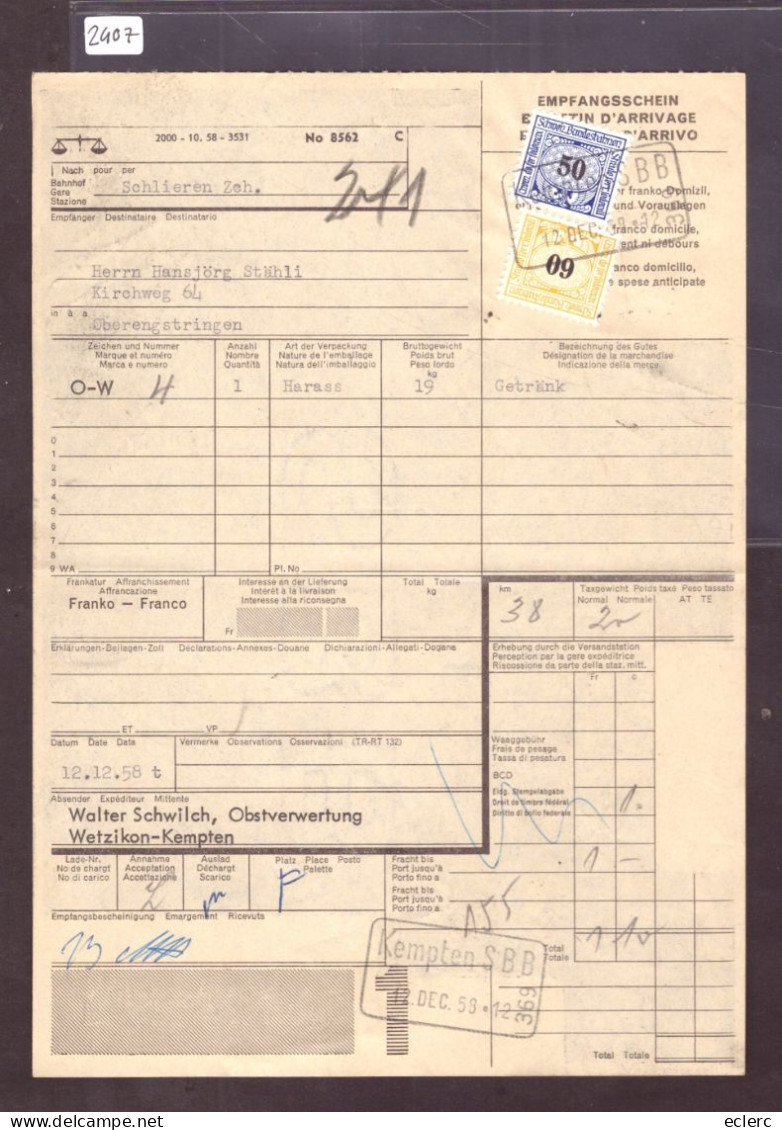 TIMBRES CHEMIN DE FER SUR BULLETIN D'ARRIVAGE - Ferrovie