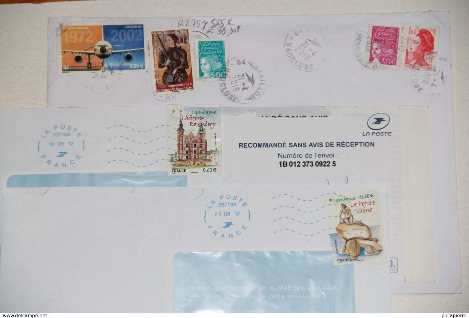 Lettres France, Timbres Oblitérés N°4637, N°4639, N°4654, N°65, Copenhague, Jeanne D'Arc, Airbus A300,  2012, TTBE - 1961-....