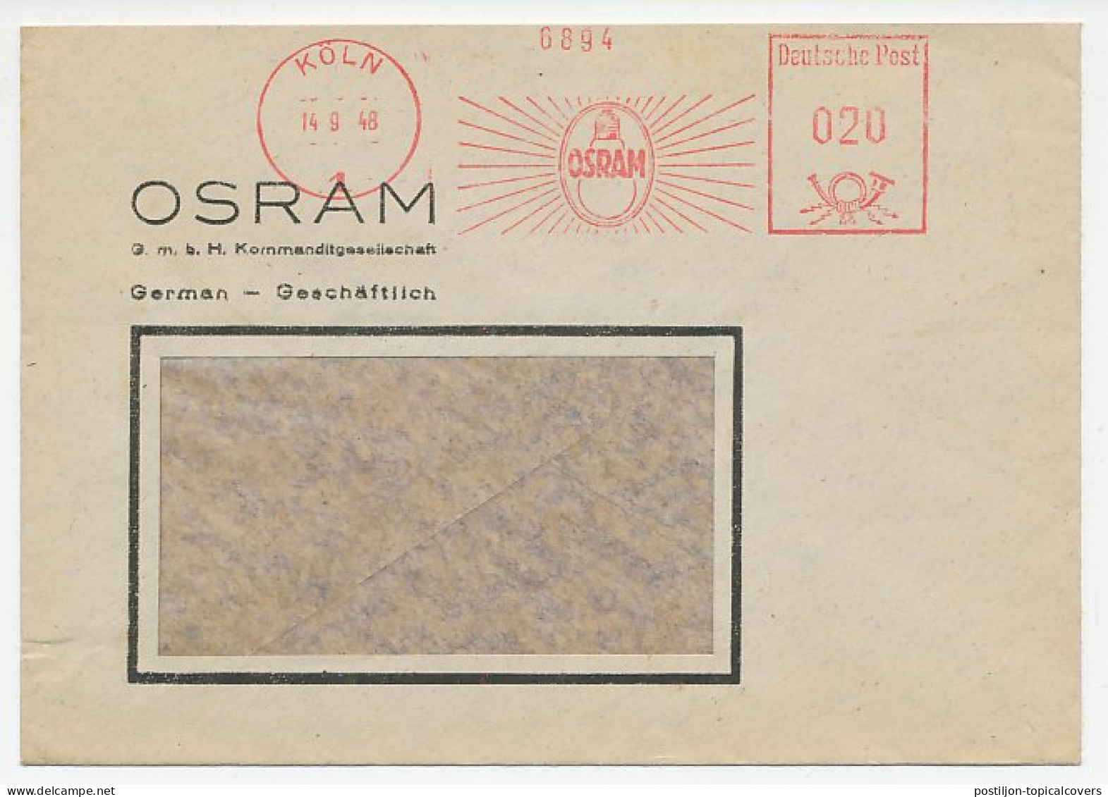 Meter Cover Deutsche Post / Germany 1948 Light Bulb - Osram - Electricity