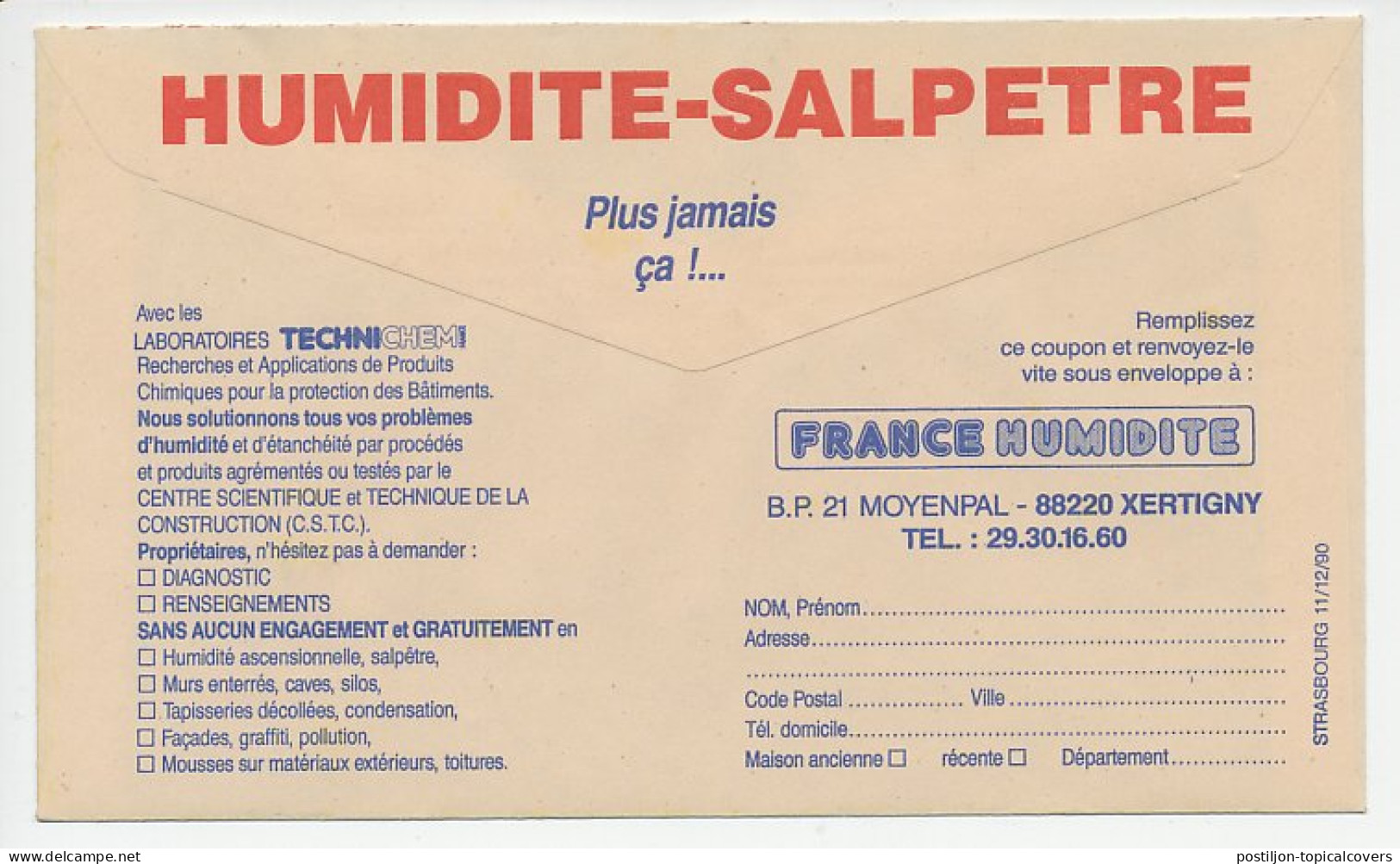 Postal Cheque Cover France 1990 Humidity - Mold - Isolation - Ohne Zuordnung