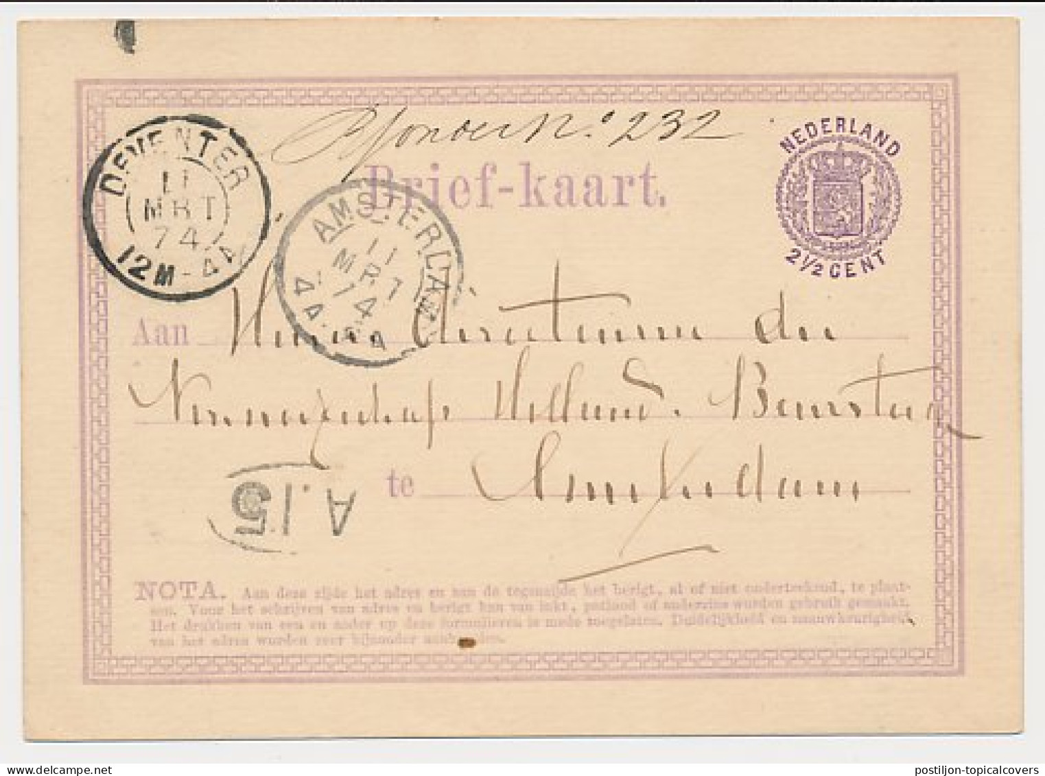 Briefkaart G. 4 Deventer - Amsterdam 1874 - Postal Stationery